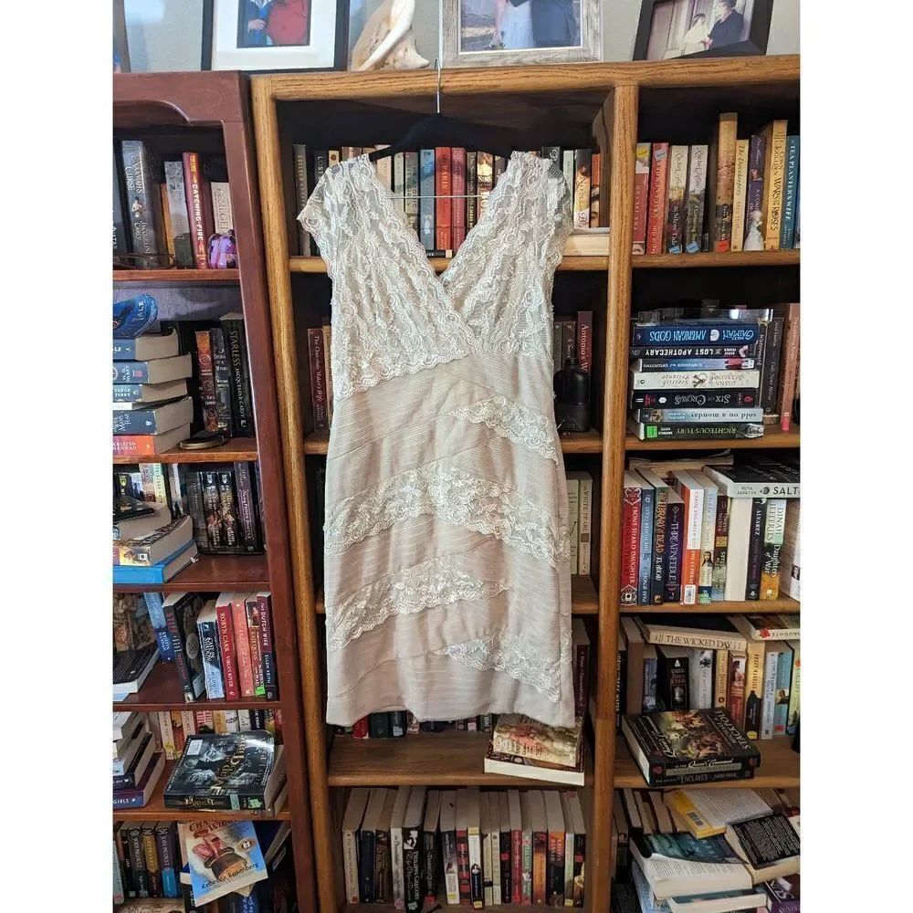 MARINA champagne cocktail dress bodycon lace and pleated chiffon sz 14